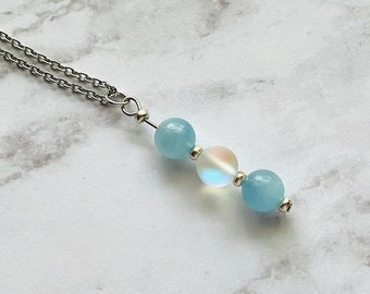 March Birthstone, Genuine Aquamarine Necklace, Aquamarine and Clear iridescent glass bead Necklace, Handmade, Blessed by Shaman (me),