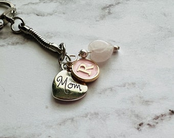 Mom keychain with childrens first name initials on it, rose quartz, mothers day gift for mom for mother