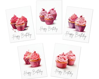 Cupcake Birthday Cards, Sweet Cupcake Birthday Cards set of 5, Cupcake Art birthday card pack