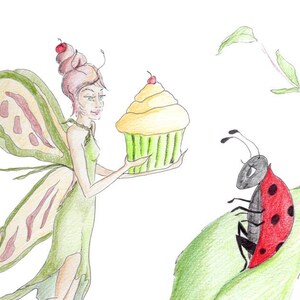 Biglietto compleanno fata, compleanno fata, compleanno coccinella, disegno, realizzato su carta riciclata, viene fornito con busta e sigillo, coccinella