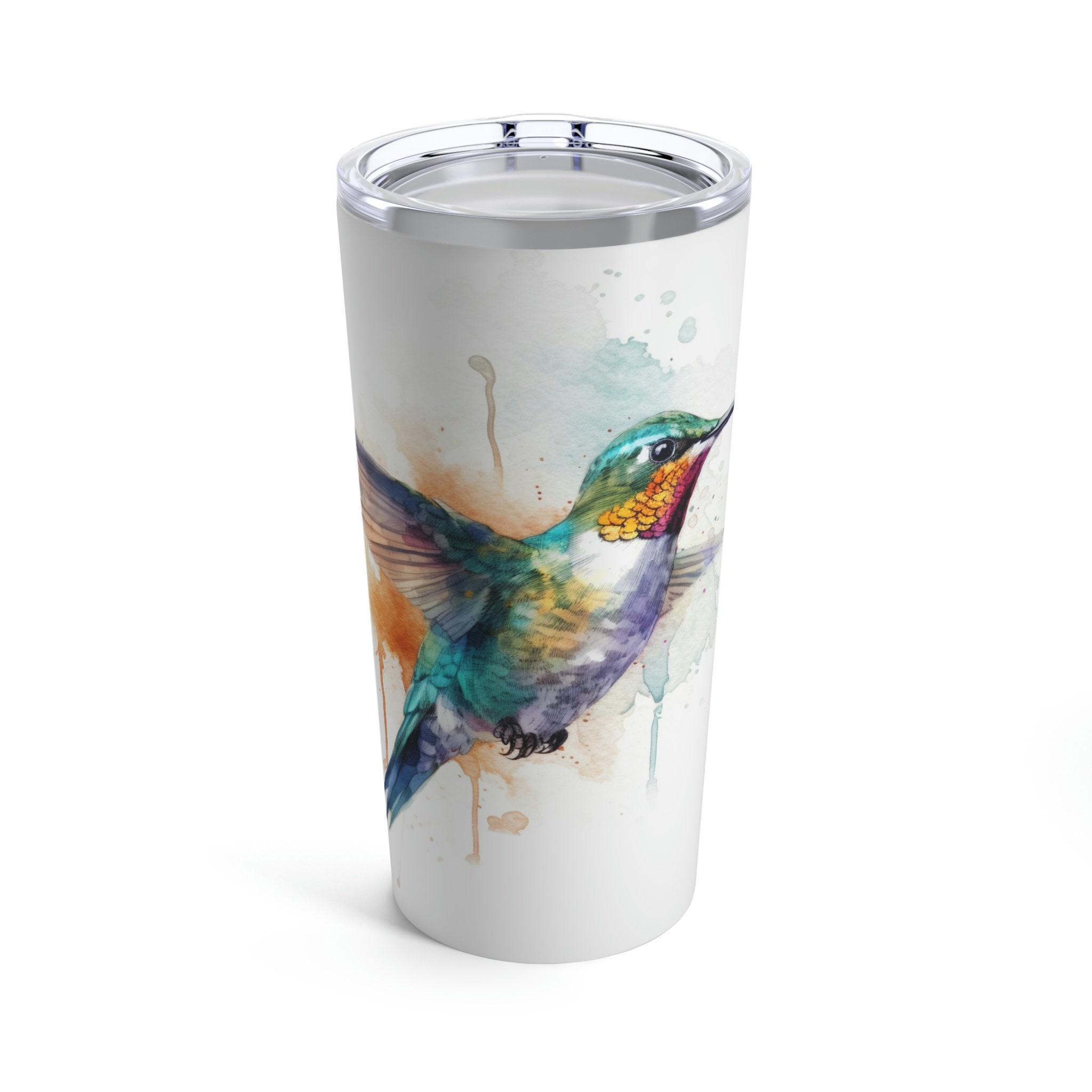 Vaso de acuarela con colibrí, 590 ml, apto para lavavajillas, acero inoxidable.