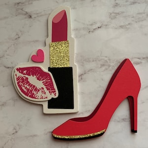 High Heel and Lipstick Ornament or Magnet Set made of wood