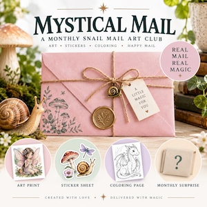May include: A pink envelope tied with twine, featuring a snail charm, a wax seal, and a tag reading A LITTLE MAGIC FOR YOU. Text reads MYSTICAL MAIL A MONTHLY SNAIL MAIL ART CLUB. Includes an art print, sticker sheet, coloring page, and surprise.