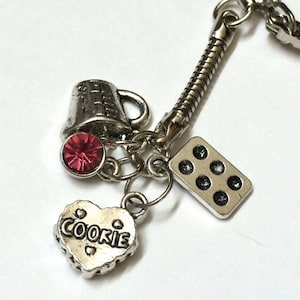 Baking Themed Keychain for Baker or foodie with cookie, muffin pan, measuring cup charms, custom gem color available