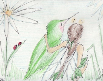 Fairy and Humming Bird Friends drawing card, comes with envelope and seal, made on recycled paper
