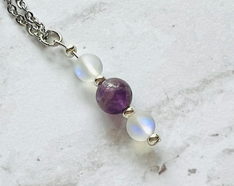 February Birthstone, Genuine Amethyst Necklace, Amethyst and Clear iridescent glass bead Necklace, Handmade, Blessed by Shaman (me)