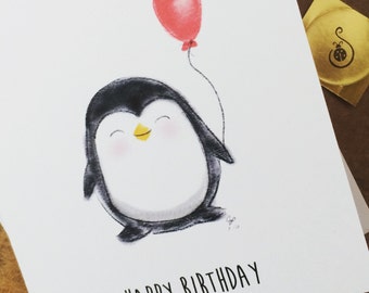 Penguin Birthday Card – Eco Friendly Funny Greeting Card for All Ages – Cute Recycled Card with Red Balloon – Animal Lover Stationery