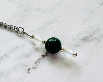 May Birthstone, Genuine Emerald Necklace, Emerald and Clear iridescent glass bead Necklace, Handmade, Blessed by Shaman (me)