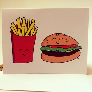 Hamburger en friet kaart, ik liefde ons samen, verjaardag kaart, doodle gemaakt op gerecycleerd papier, wordt geleverd met envelop en zegel
