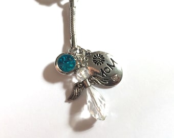 Angel Mom, Loss of Mother Keychain, Mother Memoriam,Bag Charm,  custom gem color available to match birthstone