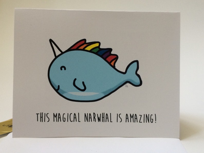 Magical Narwhal Birthday Card doodle made on recycled paper | Etsy