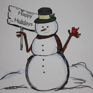 Biglietto di Natale, Happy Holidays Pupazzo di neve e Cardinale carta da disegno viene fornito con busta e sigillo realizzato su carta riciclata