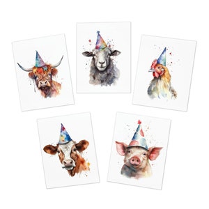 Ensemble de cartes d'anniversaire animaux de ferme de cinq cartes, vache, mouton, vache Highland, poulet, ensemble de cartes d'anniversaire cochon