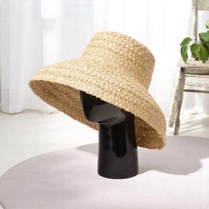 Zonnehoed met brede rand voor dames – raffia zomerhoed met platte bovenkant, uv-beschermende strandhoed, chique vakantie-emmerstijl