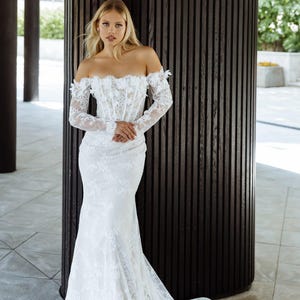Off-Shoulder Lace Mermaid Wedding Dress,Long Sleeve Lace Bridal Gown