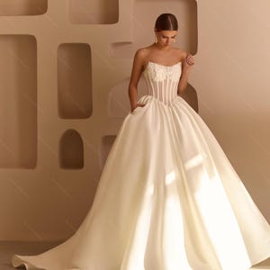 Royal Satin Corset Wedding Dress,Modern Minimalist Cathedral Princess Ball Gown,Puffy Bridal Gown,Atlas Puffy dress,unique modern dress