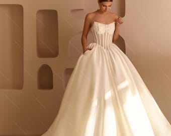 Royal Satin Corset Wedding Dress: Modern Minimalist Princess Ball Gown