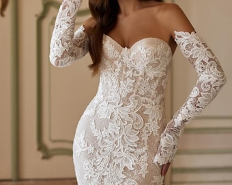 Lace Mermaid Wedding Dress with Long Sleeves: Couture Bridal Gown