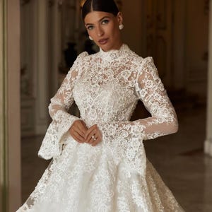 Royal Princess  Lace Wedding Dress, Long Sleeves Wedding Dress,Cathidral Bridal Dress,Closed Wedding Dress, High Neck Wedding Dress