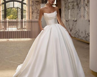 Royal Satin Corset Wedding Dress: Minimalist Princess Ball Gown