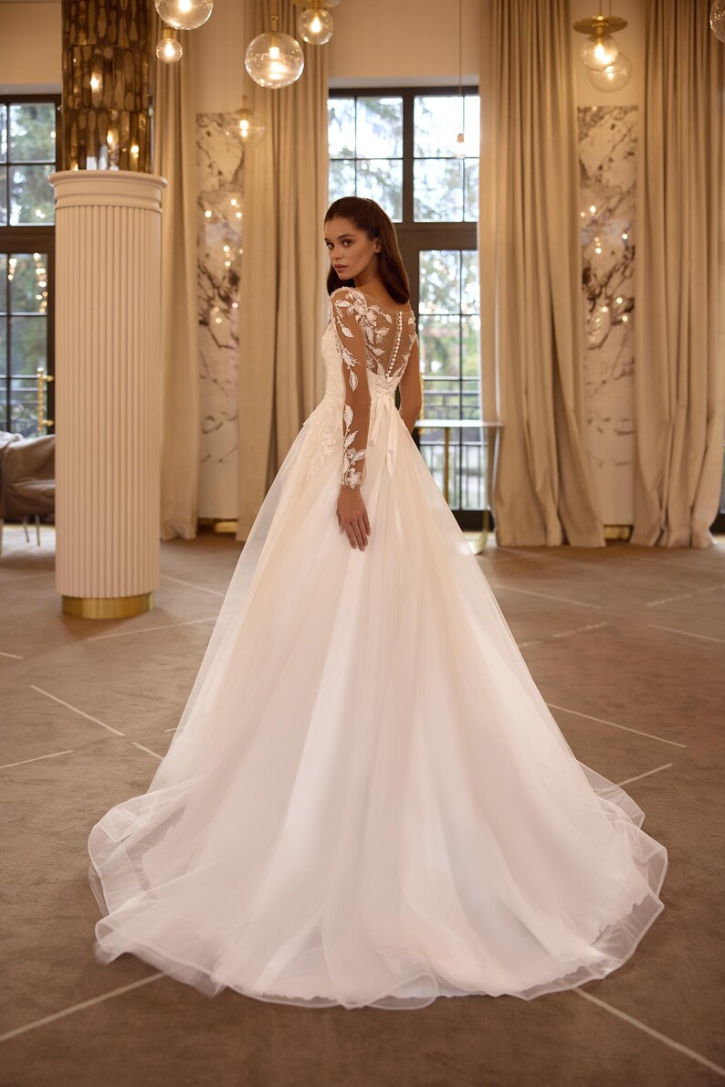 Long A-Line Wide Straps Tulle  Floral Lace Wedding Dress