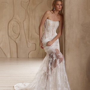 Transparent Mermaid Lace Wedding Dress,Fitted Lace Bridal Dress,Sexy Wedding Dress,Nude Ilussion Wedding Dress,Elegant Lace Wedding Dress