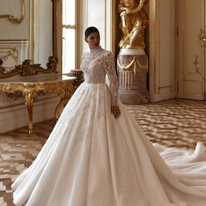 High Neck Wedding Dress With Long Sleeves, Puffy Bridal Dress,Lace High Neck Bridal Gown,Vivtoriam Wedding Dress,Winter Wedding Dress