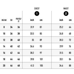 May include: A size chart for women's clothing. The chart shows the corresponding US, UK/AU, EU, FR/ES/IT, inch, and centimeter measurements for chest, waist, and hips.