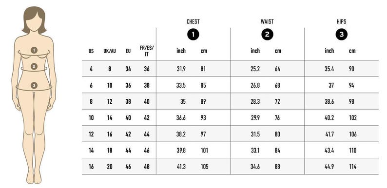 May include: A size chart for women's clothing. The chart shows the corresponding US, UK/AU, EU, FR/ES/IT, inch, and centimeter measurements for chest, waist, and hips.