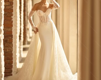 Mermaid Lace Wedding Dress with Detachable Skirt & Long Sleeves