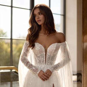 Tulle A-Line Wedding Dress with Long Sleeves and Cape