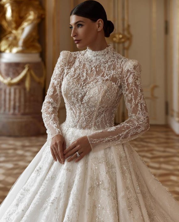 Ball Gown Winaiwi High Neck Lace Wedding Dresses Long Sleeve A