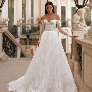 Lace Wedding Dress With Long Sleeves,Sexy Corset Bridal Dress,Romantic Wedding Dress,Lace Bridal Gown,A line Beautiful Wedding Dress