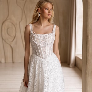 Moderne Spitze A-Linie Bidenkleid, quadratisches Korsett Brautkleid, romantisch, baskische Taille Brautkleid, benutzerdefinierte Größe, elegantes Brautkleid