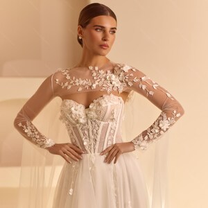 Wedding Dress With Cape,Sexy Lace Wedding Dress,Long Sleeves Bridal Gown, Unique Wedding Dress,3D Flowers Bidal Dress