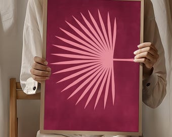 Minimalist Pink Palm Leaf Print, Modern Tropical Wall Art, Bold Botanical Poster in Burgundy and Blush, Boho Beach Home Decor