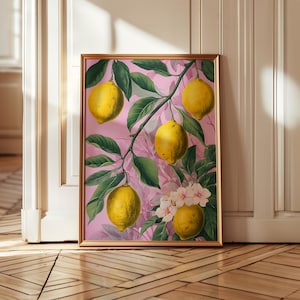 Arte mural botánico, póster de limón y hojas, decoración de pared botánica rosa, ilustración rosa y cítrica, impresión digital