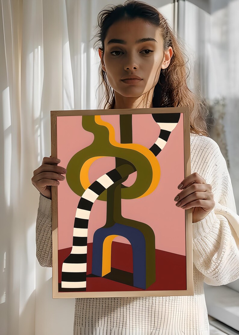 Contemporary abstract artwork featuring bold interlocking geometric shapes in olive green, gold, navy, and black-and-white stripes on a pink and red background.