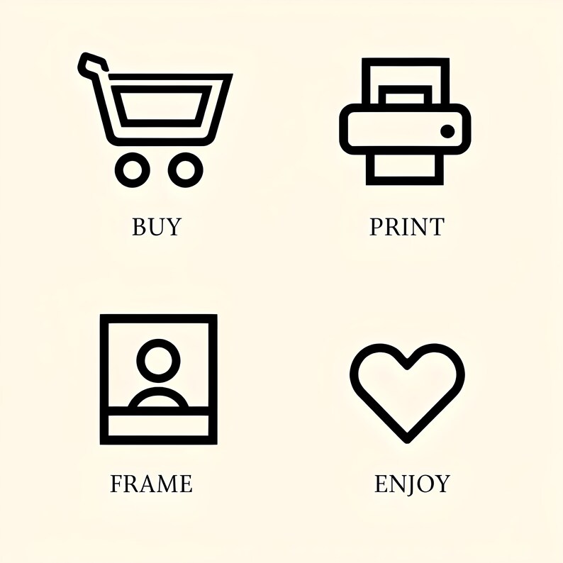 May include: A set of four black line art icons on a cream background. The icons include a shopping cart with the word "BUY", a printer with the word "PRINT", a framed person with the word "FRAME", and a heart with the word "ENJOY".