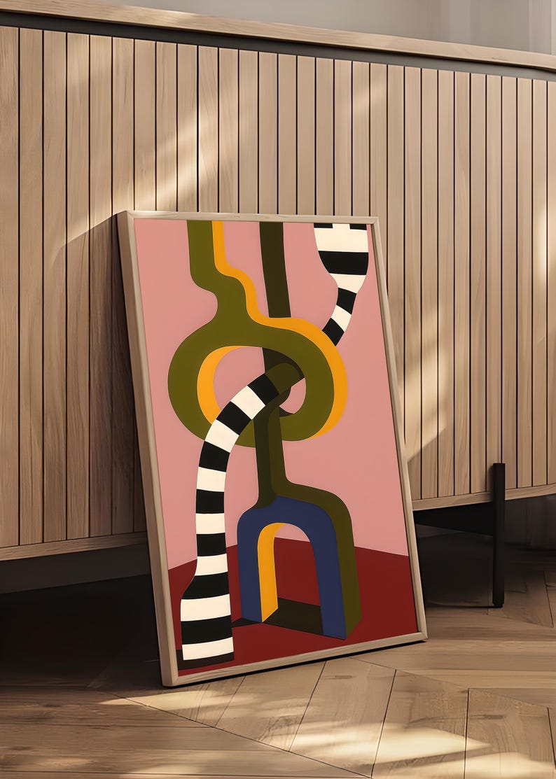 Contemporary abstract artwork featuring bold interlocking geometric shapes in olive green, gold, navy, and black-and-white stripes on a pink and red background.