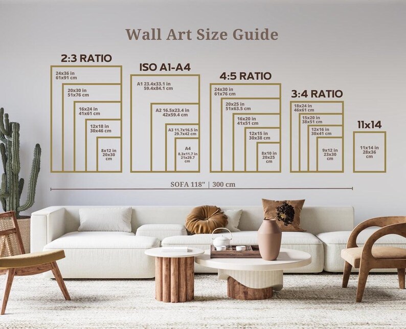 May include: Wall Art Size Guide graphic with dimensions for various ratios, including 2:3, ISO A1-A4, 4:5, 3:4, and 11x14. Measurements are provided in inches and centimeters, with a sofa graphic below.
