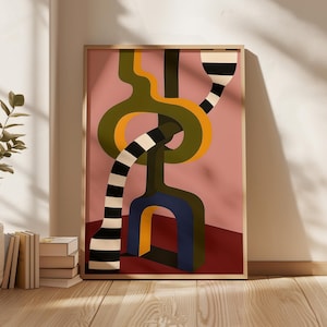 Contemporary abstract artwork featuring bold interlocking geometric shapes in olive green, gold, navy, and black-and-white stripes on a pink and red background.