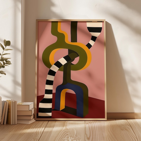 Contemporary Abstract Shapes Poster, Modern Geometric Wall Art Print, Bold Minimalist Artwork with Olive Green, Gold & Pink