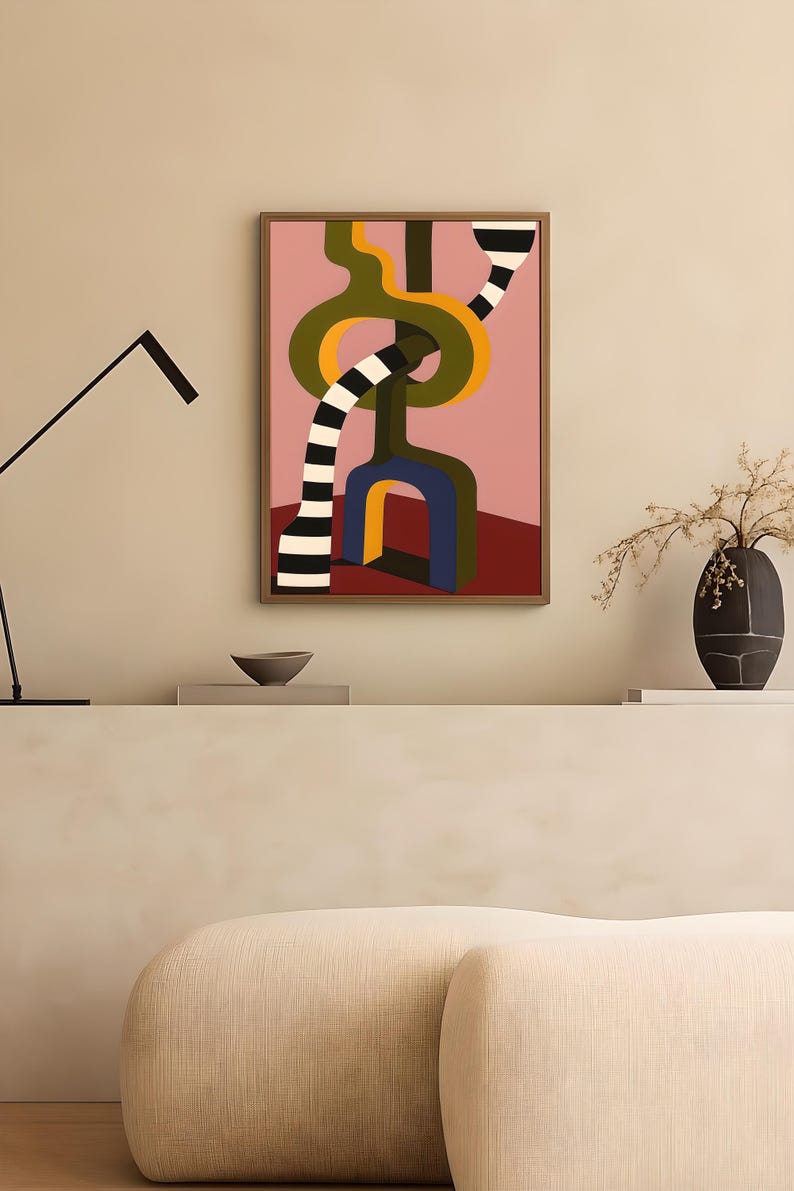 Contemporary abstract artwork featuring bold interlocking geometric shapes in olive green, gold, navy, and black-and-white stripes on a pink and red background.
