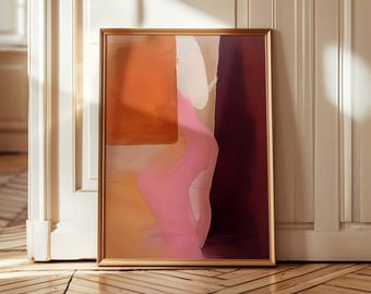 Arte mural abstracto moderno y cálido, pintura minimalista en naranja, rosa y burdeos, decoración geométrica contemporánea para el hogar.