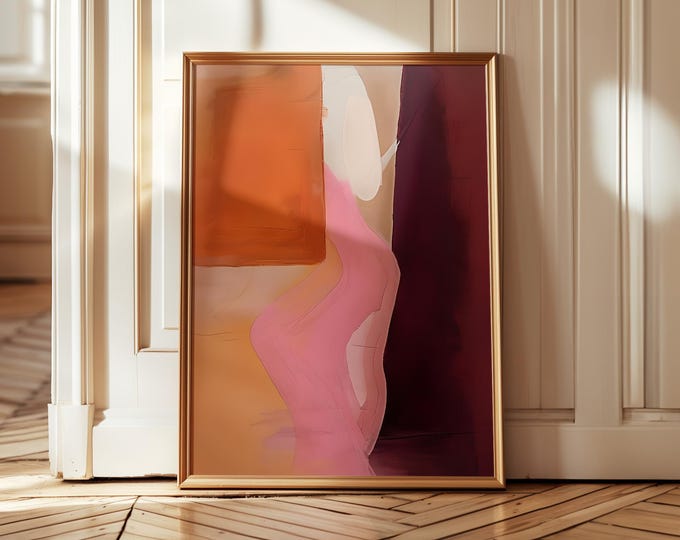 Modern Warm Abstract Wall Art, Minimalist Painting in Orange, Pink & Burgundy, Contemporary Geometric Home Decor