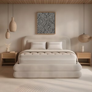 Black and white abstract line art poster featuring bold geometric striped patterns woven into a modern minimalist design on a beige background.