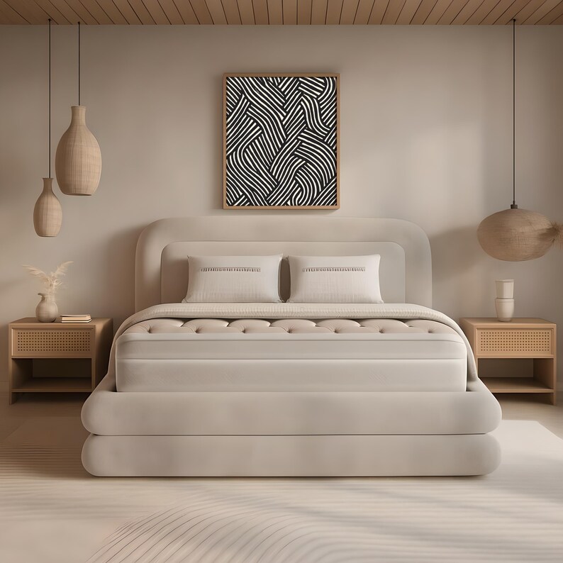 Black and white abstract line art poster featuring bold geometric striped patterns woven into a modern minimalist design on a beige background.