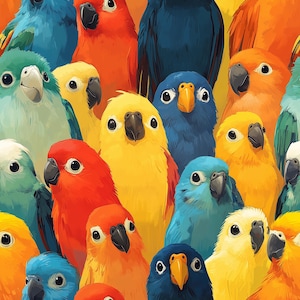 May include: A vibrant, colorful illustration of numerous parrots. The birds feature a variety of bright colors, including blue, red, yellow, and orange. The parrots are closely packed together, creating a dense, eye-catching pattern.