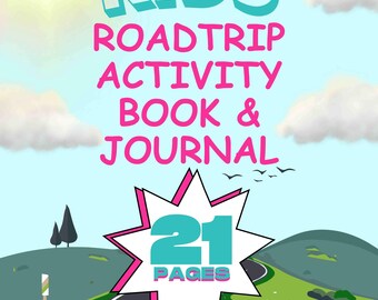 Puede incluir: Una portada digital para un Kids Roadtrip Activity Book & Journal con un paisaje de dibujos animados con una carretera, colinas verdes y un sol. El texto dice KIDS ROADTRIP ACTIVITY BOOK & JOURNAL con un gráfico de estrella de 21 PAGES.